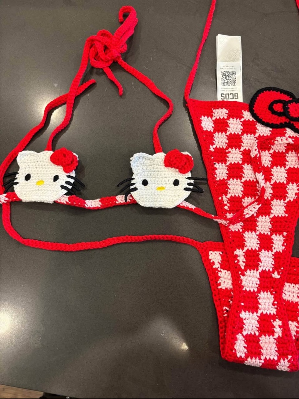 Handmade Hello Kitty Crochet Bikini Top and Matching Bottoms - Red & White